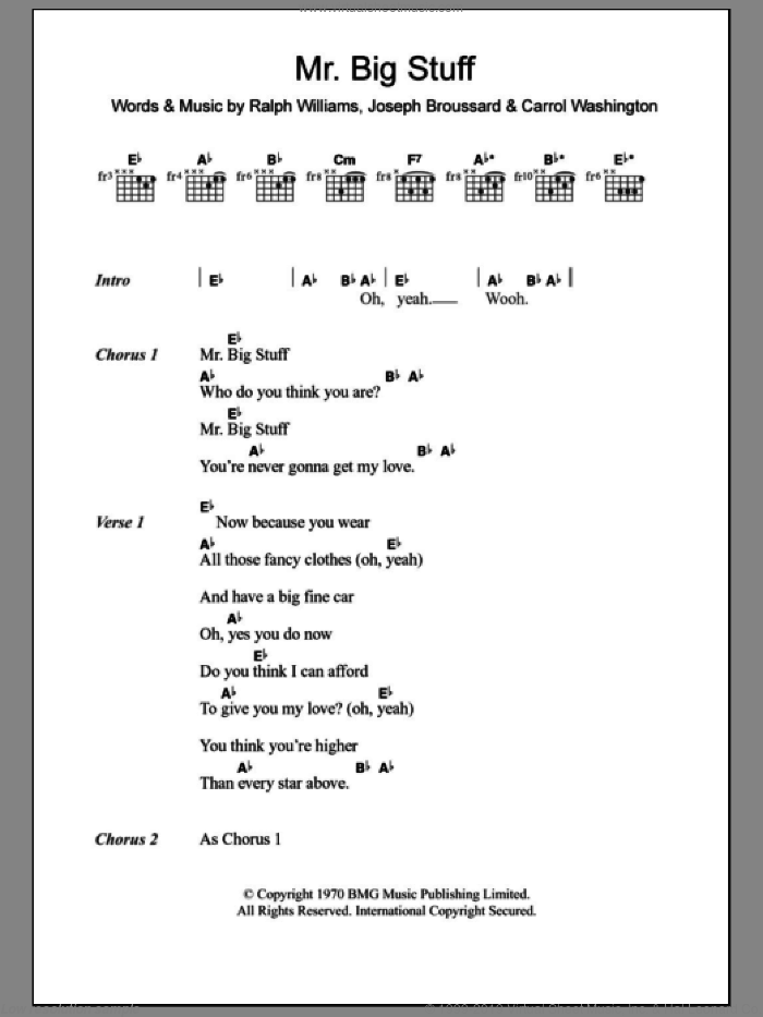 Mr. Big Stuff sheet music for guitar (chords) by Jean Knight, Carrol Washington, Joseph Broussard and Ralph Vaughan Williams, intermediate skill level