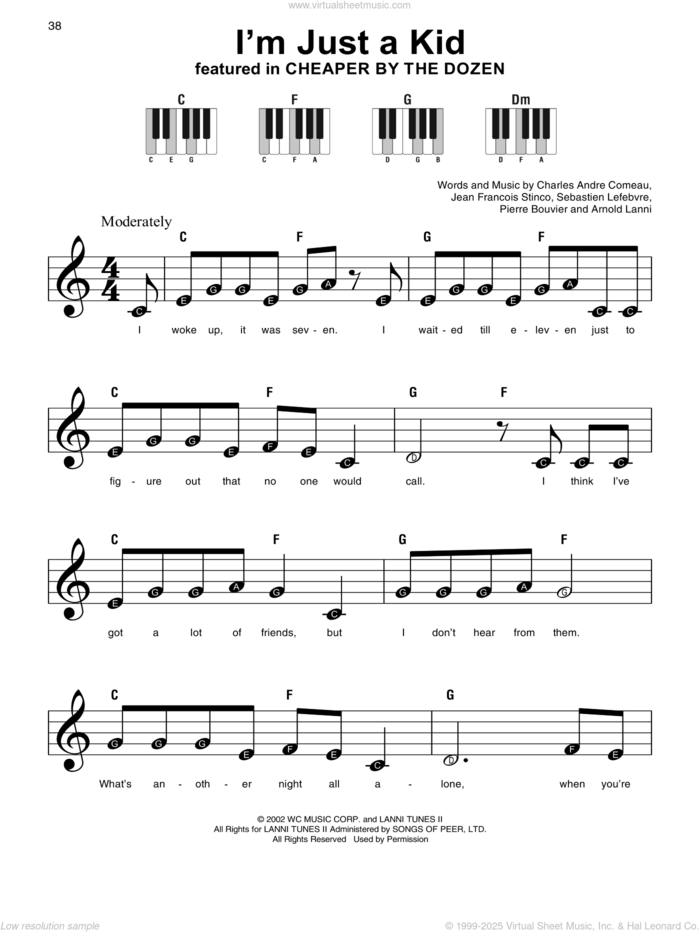 I'm Just A Kid sheet music for piano solo by Simple Plan, Arnold Lanni, Charles Andre Comeau, Jean Francois Stinco, Pierre Bouvier and Sebastien LeFebvre, beginner skill level