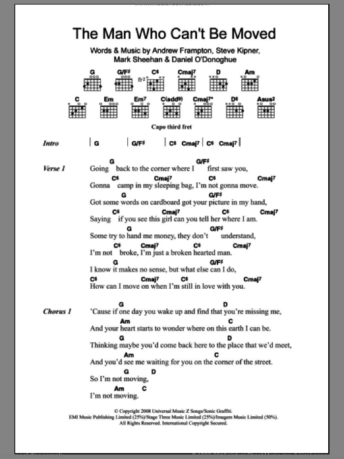 The Man Who Can't Be Moved sheet music for guitar (chords) by The Script, Andrew Frampton, Mark Sheehan and Steve Kipner, intermediate skill level