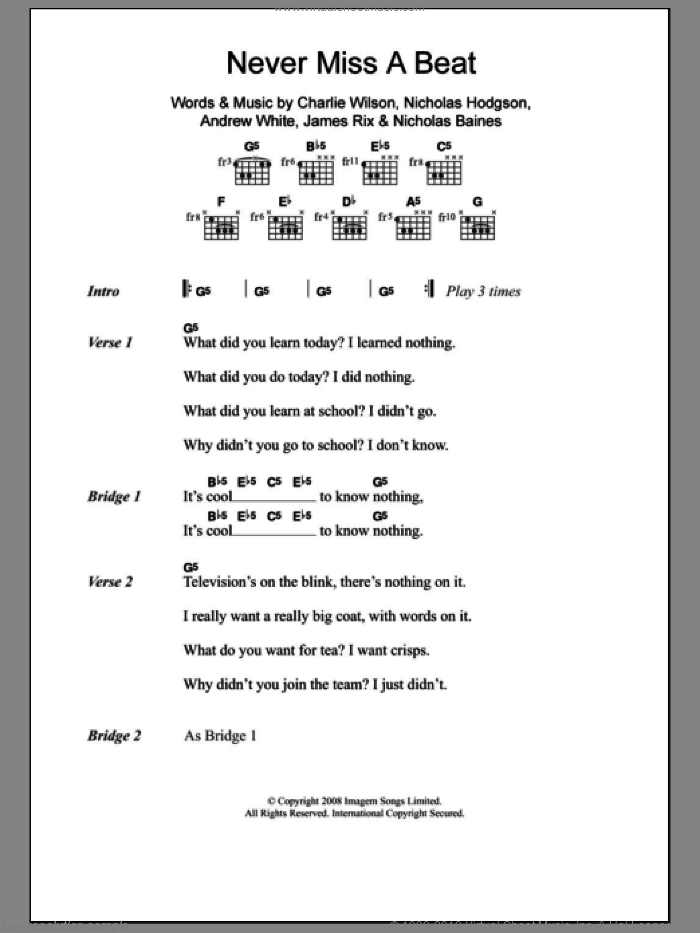 Never Miss A Beat sheet music for guitar (chords) by Kaiser Chiefs, Andrew White, Charlie Wilson, James Rix, Nicholas Baines and Nicholas Hodgson, intermediate skill level