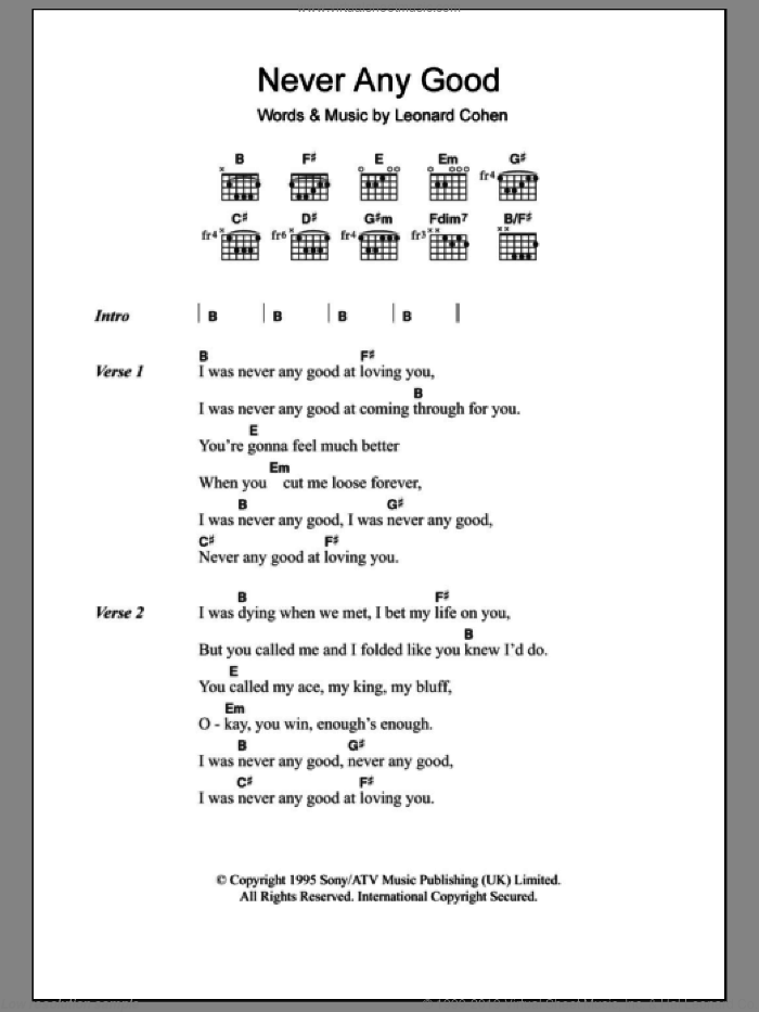 Never Any Good sheet music for guitar (chords) by Leonard Cohen, intermediate skill level