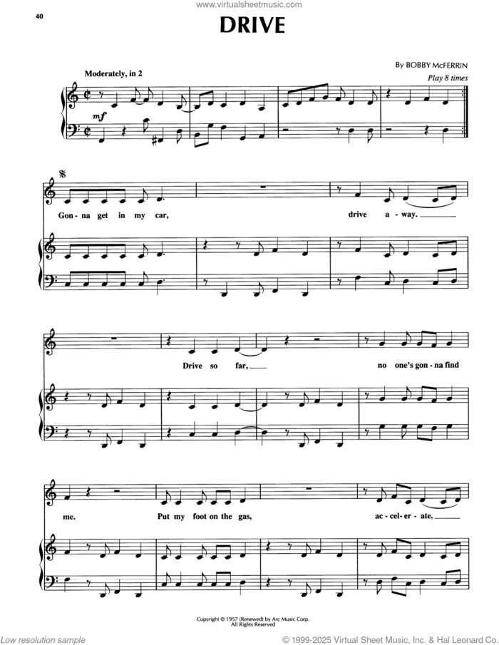 Drive sheet music for voice, piano or guitar by Bobby McFerrin, intermediate skill level