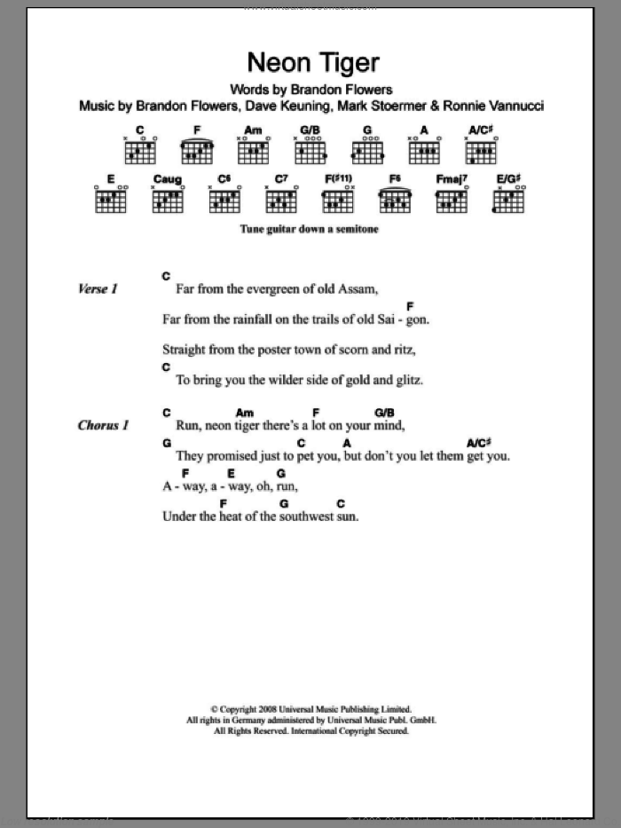 Neon Tiger sheet music for guitar (chords) by The Killers, Brandon Flowers, Dave Keuning, Mark Stoermer and Ronnie Vannucci, intermediate skill level