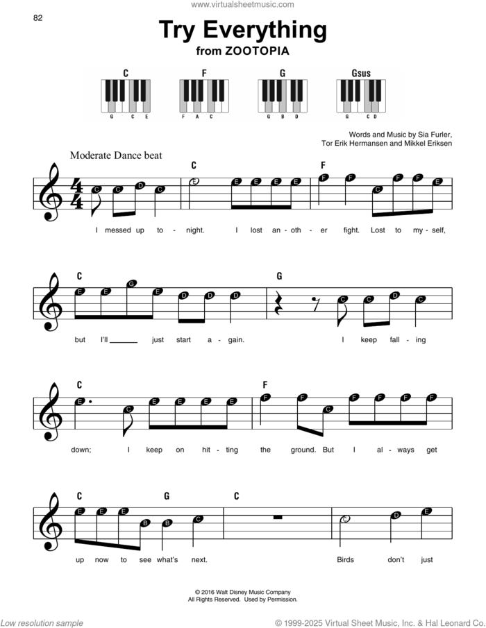 Try Everything (from Zootopia), (beginner) (from Zootopia) sheet music for piano solo by Shakira, Mikkel Eriksen, Sia Furler and Tor Erik Hermansen, beginner skill level