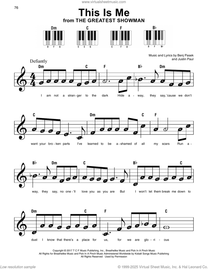 This Is Me (from The Greatest Showman) sheet music for piano solo by Benj Pasek and Justin Paul, beginner skill level