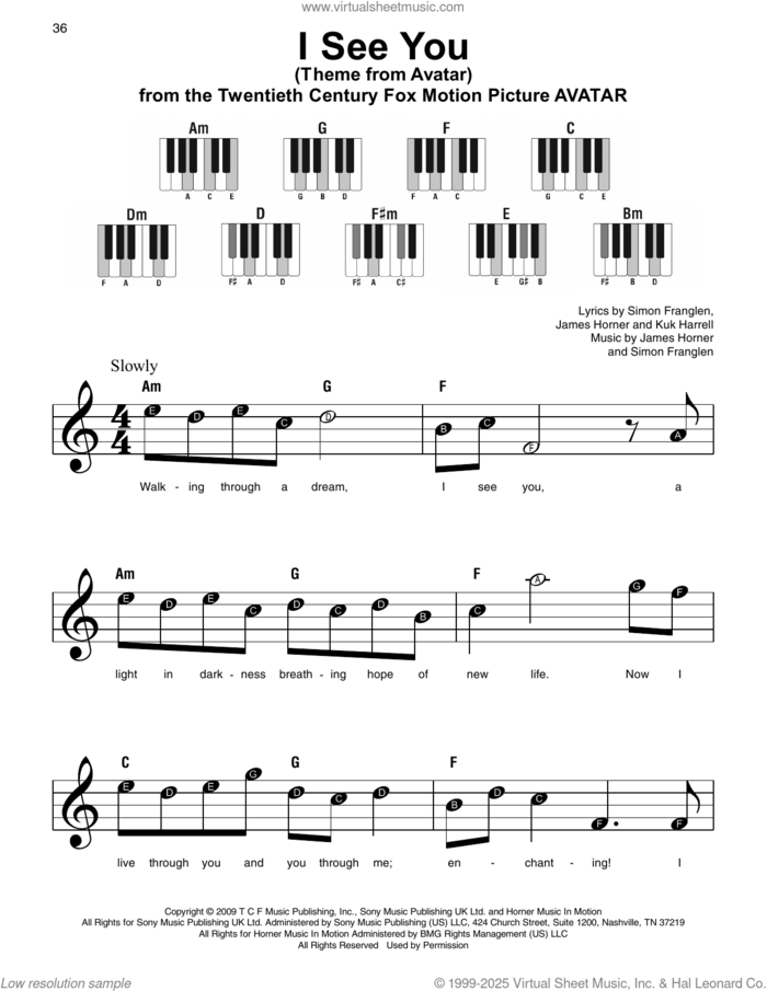 I See You (Theme From Avatar), (beginner) sheet music for piano solo by Leona Lewis, James Horner, Kuk Harrell and Simon Franglen, beginner skill level