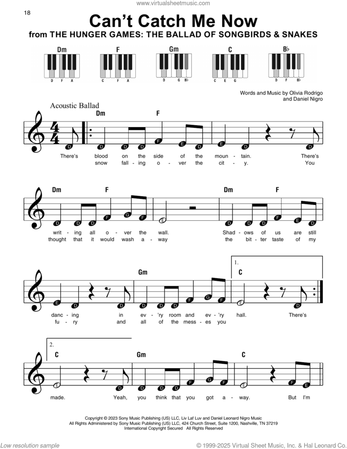 Can't Catch Me Now (from The Hunger Games: The Ballad Of Songbirds and Snakes) sheet music for piano solo by Olivia Rodrigo and Daniel Nigro, beginner skill level