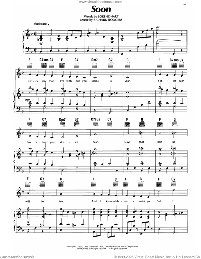 Soon (from Mississippi) sheet music for voice, piano or guitar by Lorenz Hart and Richard Rodgers, intermediate skill level