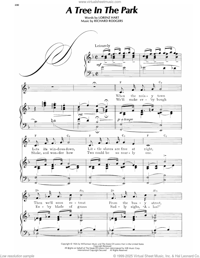 A Tree In The Park (from Peggy-Ann) sheet music for voice, piano or guitar by Lorenz Hart and Richard Rodgers, intermediate skill level