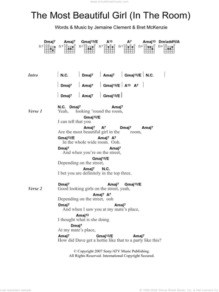 The Most Beautiful Girl (In The Room) sheet music for guitar (chords) by Flight Of The Conchords, Bret McKenzie and Jemaine Clement, intermediate skill level