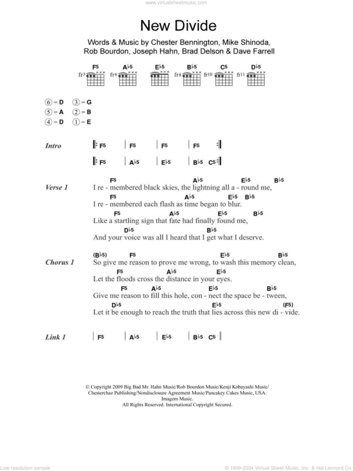 New Divide sheet music for guitar (chords) by Linkin Park, Brad Delson, Chester Bennington, Dave Farrell, Joseph Hahn, Mike Shinoda and Rob Bourdon, intermediate skill level