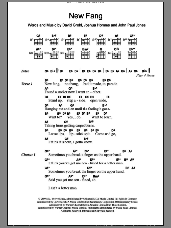 New Fang sheet music for guitar (chords) by Them Crooked Vultures, Dave Grohl, John Paul Jones and Josh Homme, intermediate skill level