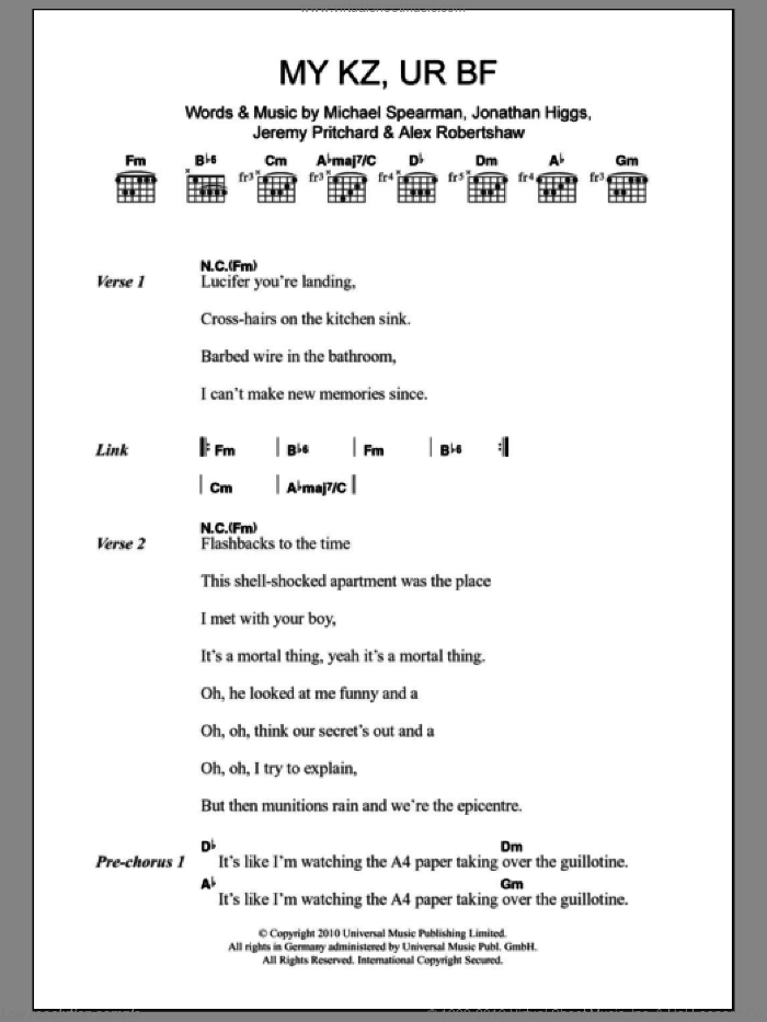 MY KZ, UR BF sheet music for guitar (chords) by Everything Everything, Alex Robertshaw, Jeremy Pritchard, Jonathan Higgs and Michael Spearman, intermediate skill level