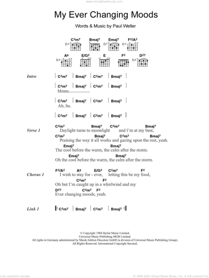 My Ever Changing Moods sheet music for guitar (chords) by The Style Council and Paul Weller, intermediate skill level