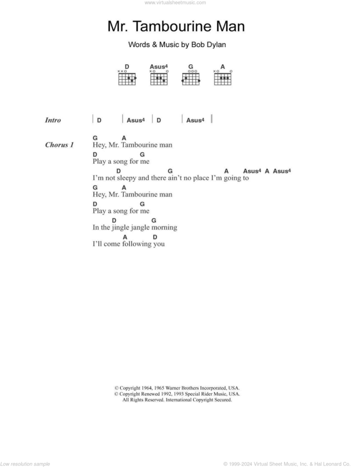 Mr. Tambourine Man sheet music for guitar (chords) by The Byrds and Bob Dylan, intermediate skill level