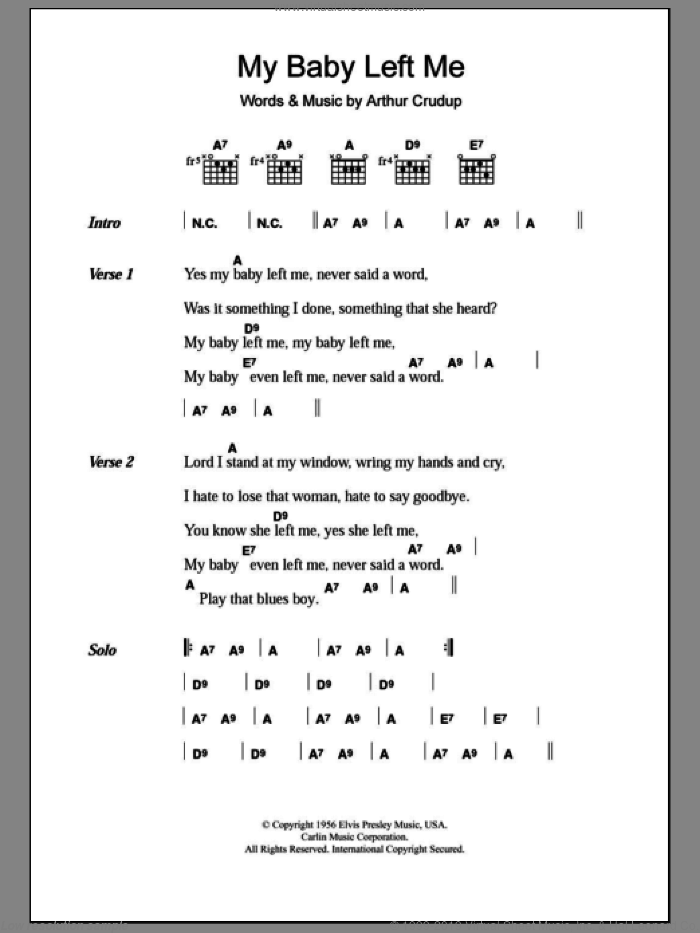 My Baby Left Me sheet music for guitar (chords) by Elvis Presley and Arthur Crudup, intermediate skill level