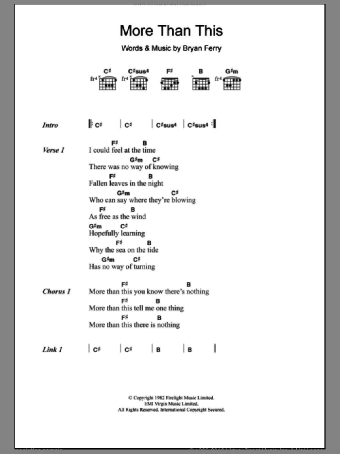 More Than This sheet music for guitar (chords) by Roxy Music and Bryan Ferry, intermediate skill level