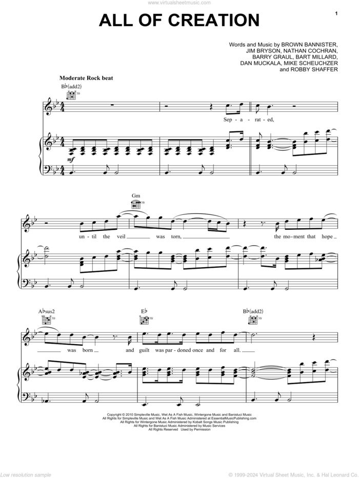 All Of Creation sheet music for voice, piano or guitar by MercyMe, Brown Mannister and Dan Muckala, intermediate skill level