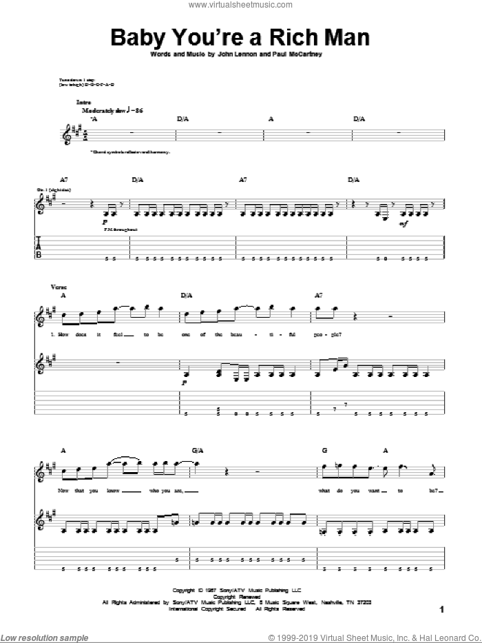 Baby You're A Rich Man sheet music for guitar (tablature) by The Beatles, John Lennon and Paul McCartney, intermediate skill level