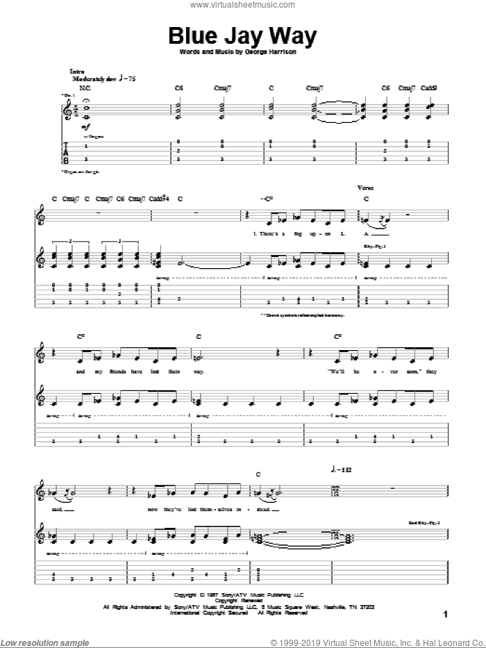 Blue Jay Way sheet music for guitar (tablature) by The Beatles and George Harrison, intermediate skill level