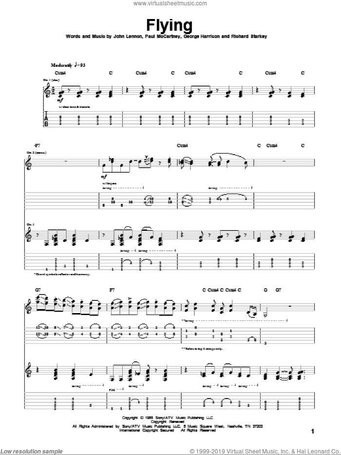 Flying sheet music for guitar (tablature) by The Beatles, George Harrison, John Lennon, Paul McCartney, Richard Starkey and Ringo Starr, intermediate skill level