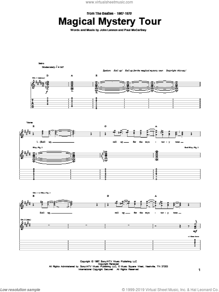 Magical Mystery Tour sheet music for guitar (tablature) by The Beatles, John Lennon and Paul McCartney, intermediate skill level