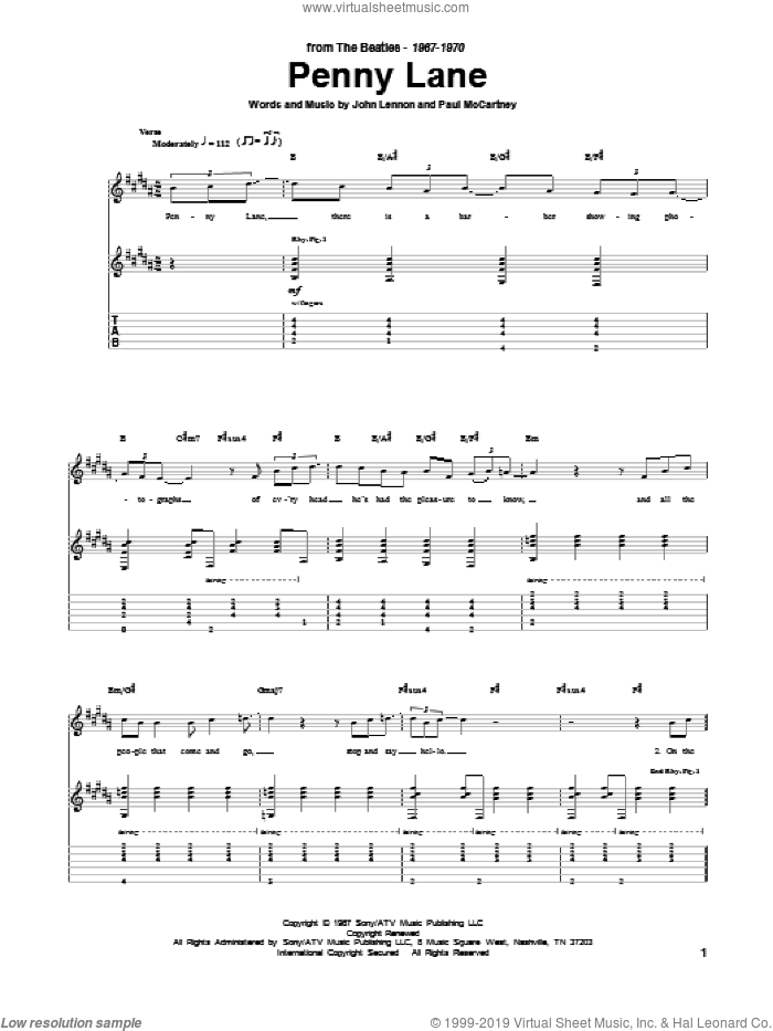 Penny Lane sheet music for guitar (tablature) by The Beatles, John Lennon and Paul McCartney, intermediate skill level