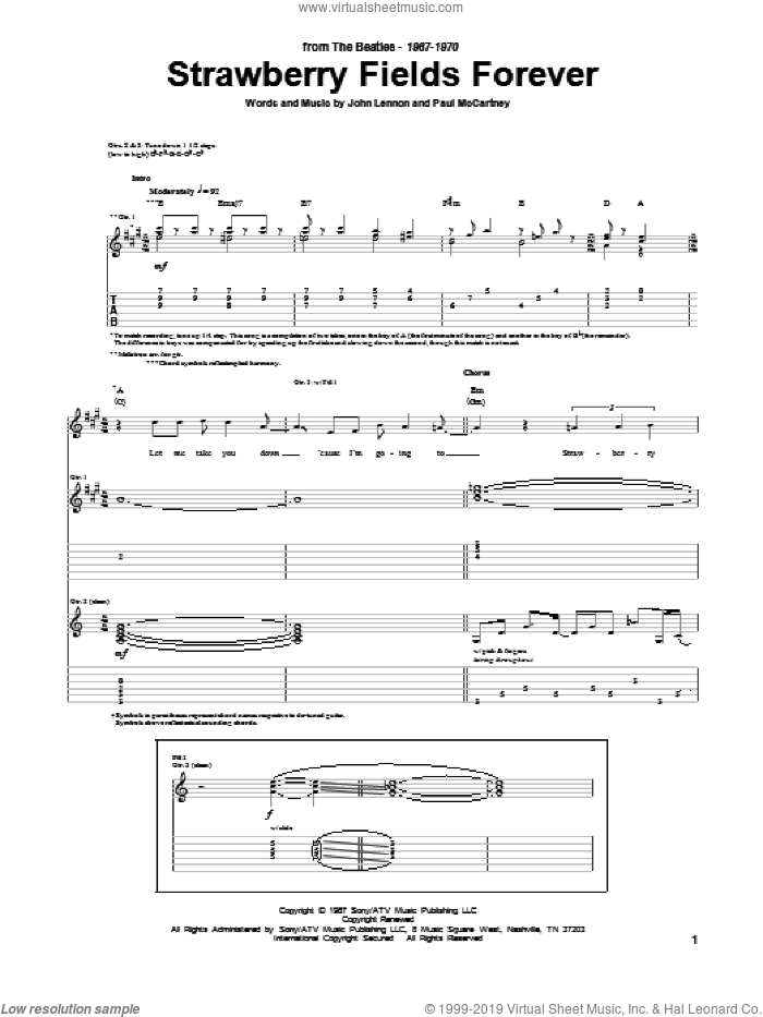Strawberry Fields Forever sheet music for guitar (tablature) by The Beatles, John Lennon and Paul McCartney, intermediate skill level