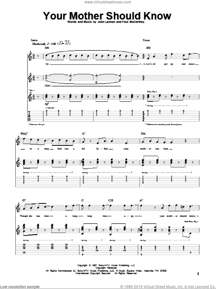 Your Mother Should Know sheet music for guitar (tablature) by The Beatles, John Lennon and Paul McCartney, intermediate skill level