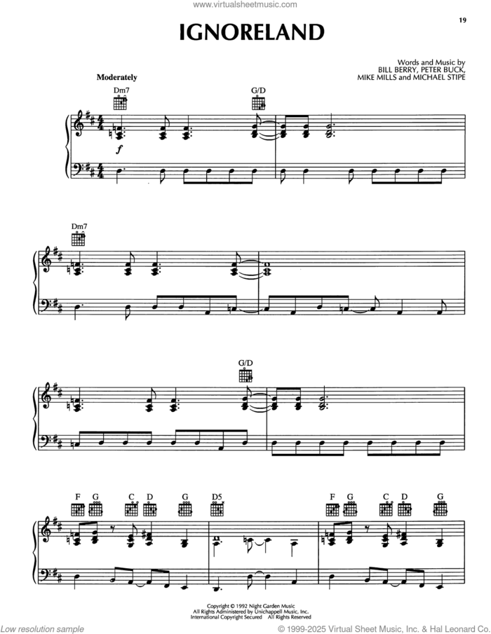 Ignoreland sheet music for voice, piano or guitar by R.E.M., Bill Berry, Michael Stipe, Mike Mills and Peter Buck, intermediate skill level