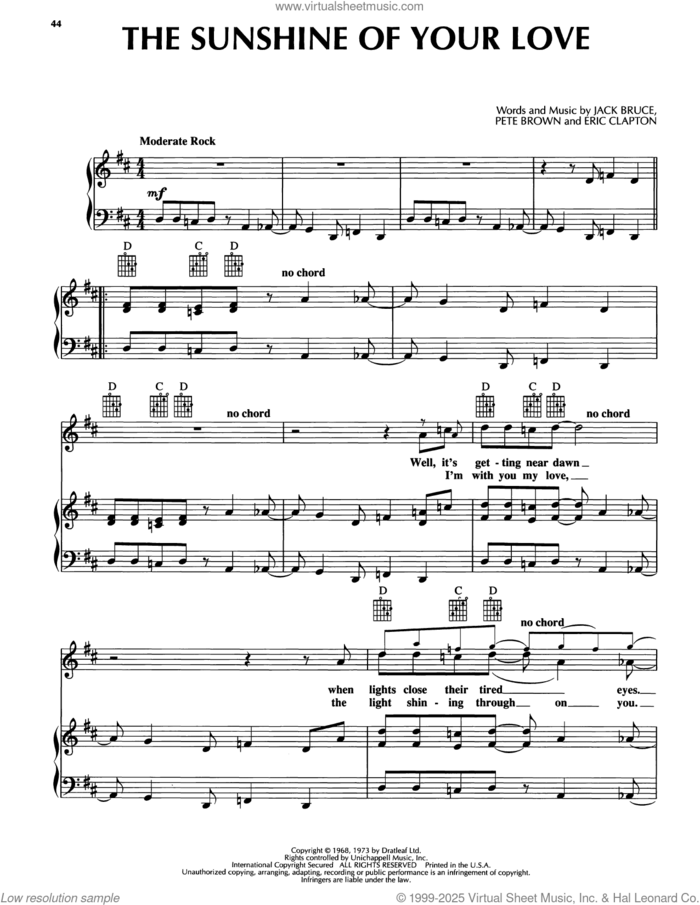 Sunshine Of Your Love sheet music for voice, piano or guitar by Bobby McFerrin, Eric Clapton, Jack Bruce and Pete Brown, intermediate skill level