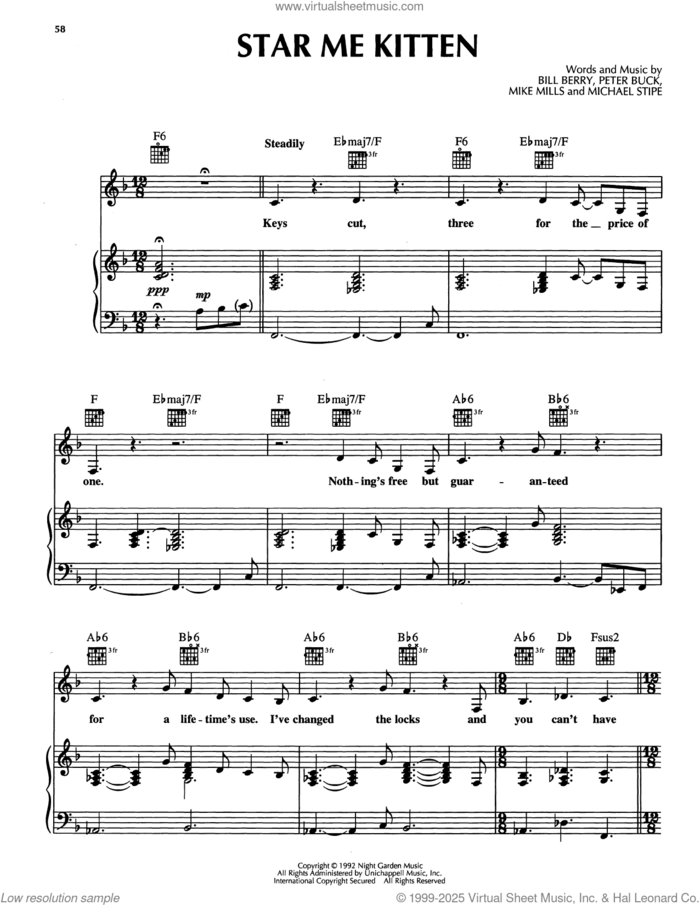 Star Me Kitten sheet music for voice, piano or guitar by R.E.M., Bill Berry, Michael Stipe, Mike Mills and Peter Buck, intermediate skill level