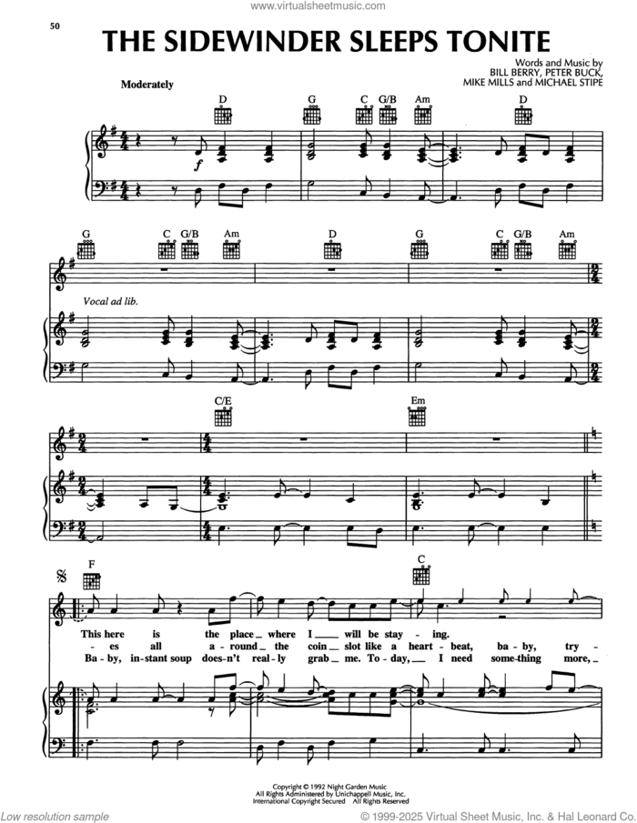 The Sidewinder Sleeps Tonite sheet music for voice, piano or guitar by R.E.M., Bill Berry, Michael Stipe, Mike Mills and Peter Buck, intermediate skill level
