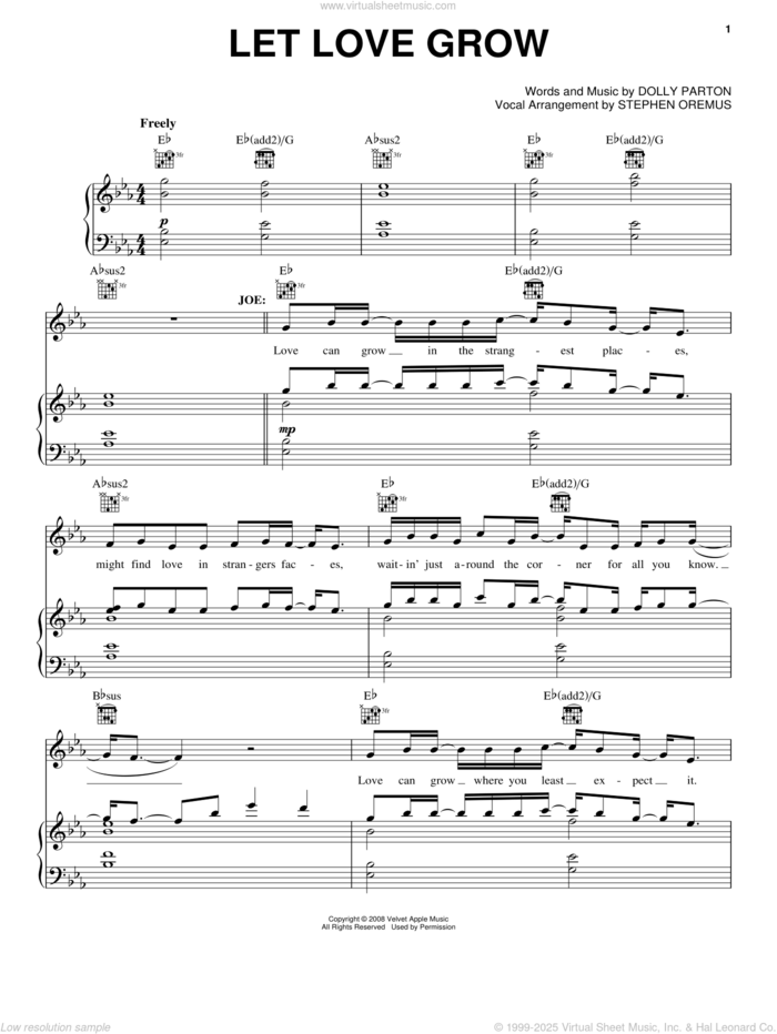 Let Love Grow (from 9 to 5: The Musical) sheet music for voice, piano or guitar by Dolly Parton and 9 To 5 (Musical), intermediate skill level