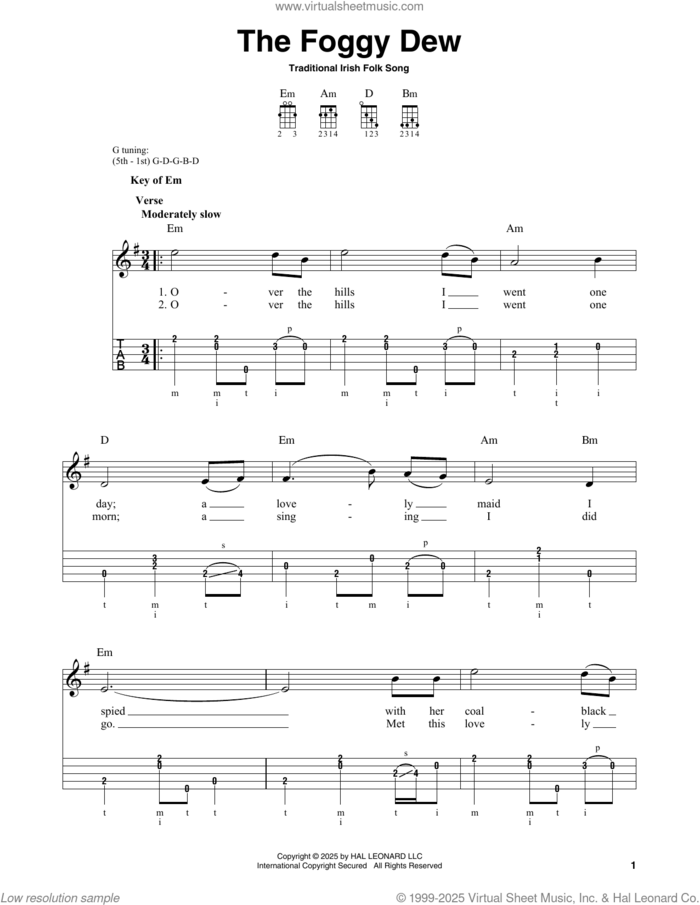 The Foggy Dew sheet music for banjo solo, intermediate skill level