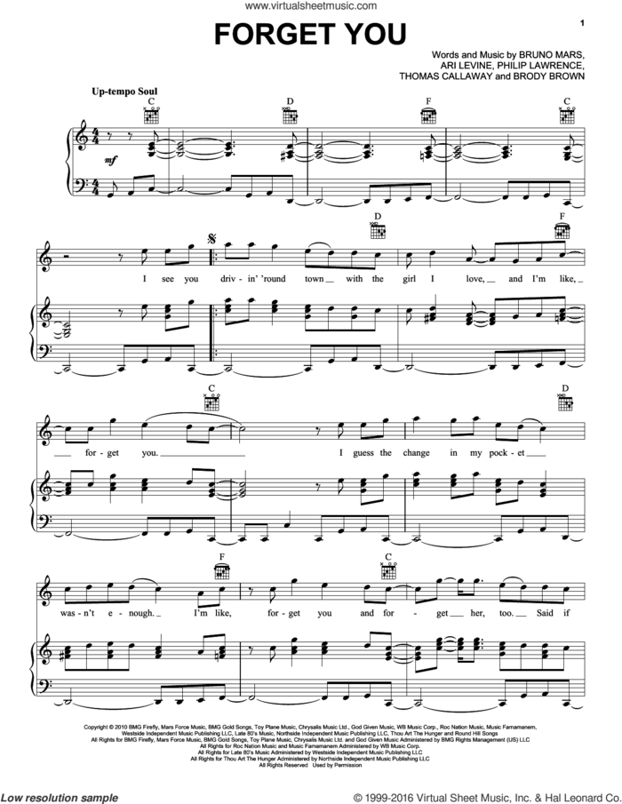 F**k You (Forget You) sheet music for voice, piano or guitar by Cee Lo Green, Ari Levine, Bruno Mars, Philip Lawrence and Thomas Callaway, intermediate skill level