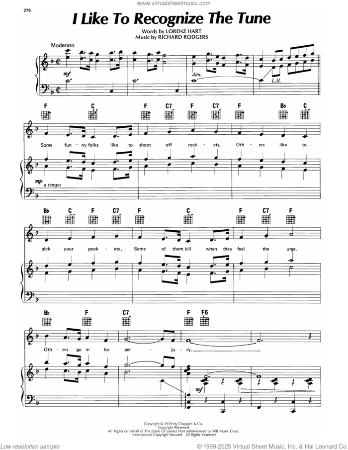 I Like To Recognize The Tune (from Too Many Girls) sheet music for voice, piano or guitar by Lorenz Hart and Richard Rodgers, intermediate skill level