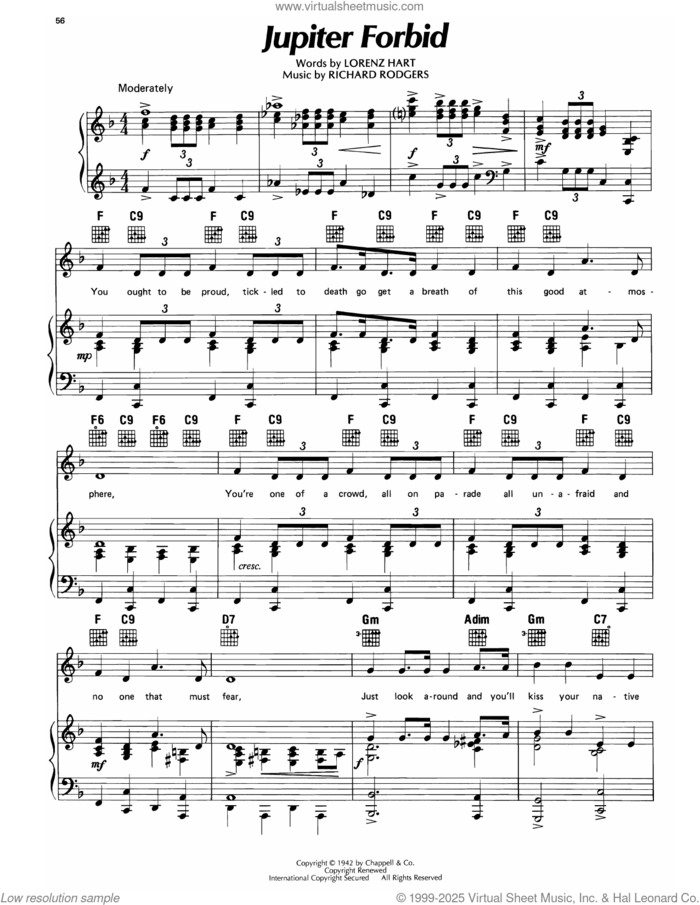 Jupiter Forbid (from By Jupiter) sheet music for voice, piano or guitar by Lorenz Hart and Richard Rodgers, intermediate skill level