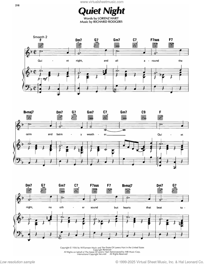 Quiet Night (from On Your Toes) sheet music for voice, piano or guitar by Lorenz Hart and Richard Rodgers, intermediate skill level