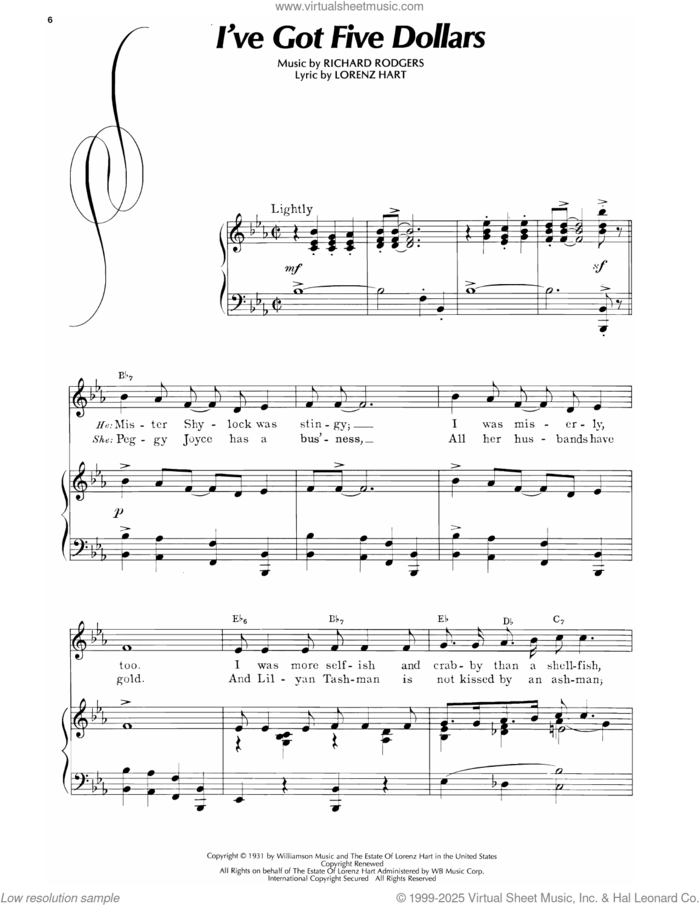 I've Got Five Dollars (from America's Sweetheart) sheet music for voice, piano or guitar by Lorenz Hart and Richard Rodgers, intermediate skill level