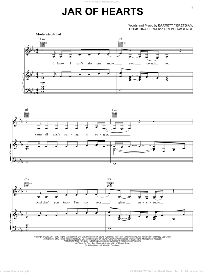 Jar Of Hearts sheet music for voice, piano or guitar by Christina Perri, Barrett Yeretsian and Drew Lawrence, intermediate skill level