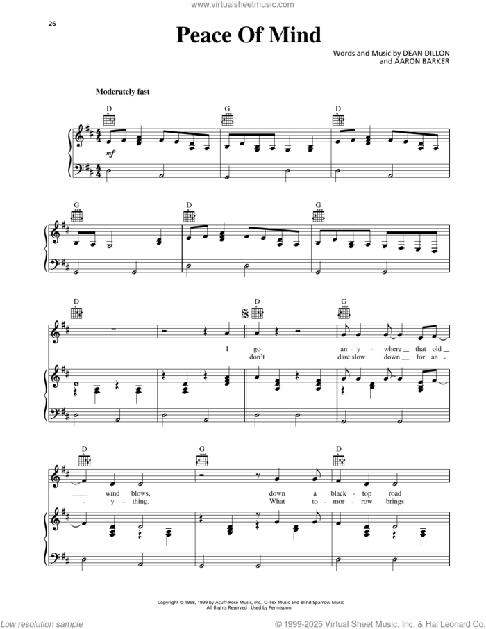 Peace Of Mind sheet music for voice, piano or guitar by George Strait, Aaron Barker and Dean Dillon, intermediate skill level