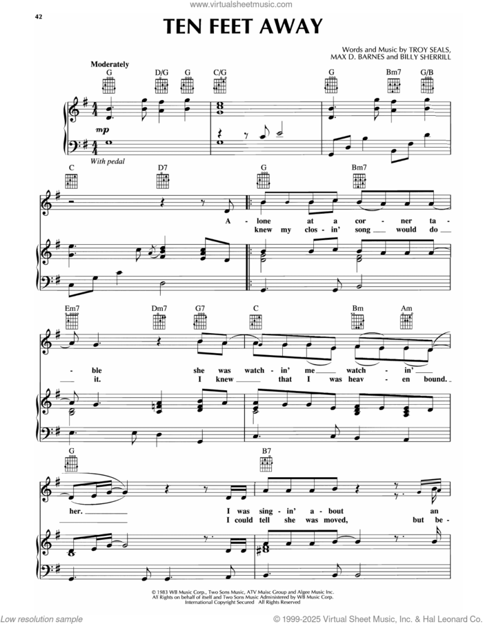 Ten Feet Away sheet music for voice, piano or guitar by Keith Whitley, intermediate skill level