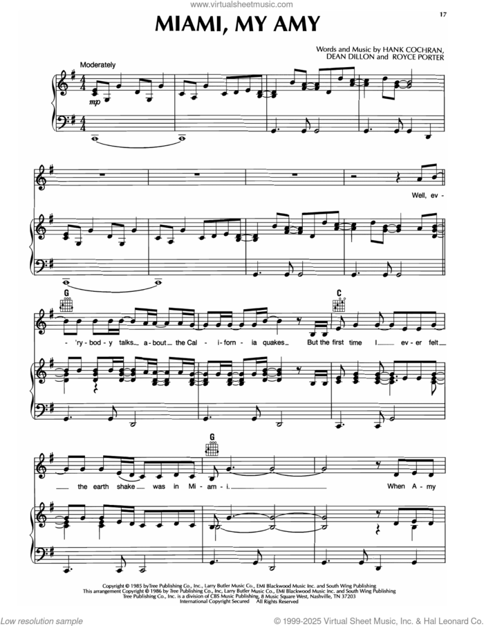 Miami, My Amy sheet music for voice, piano or guitar by Keith Whitley, Dean Dillon, Hank Cochran and Royce Porter, intermediate skill level
