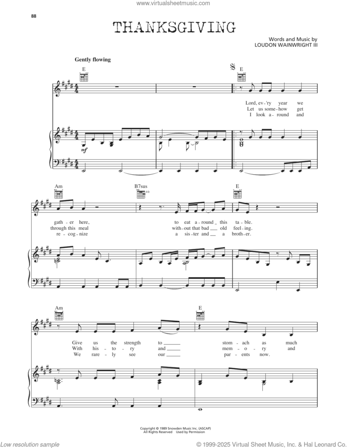 Thanksgiving sheet music for voice, piano or guitar by Loudon Wainwright III, intermediate skill level