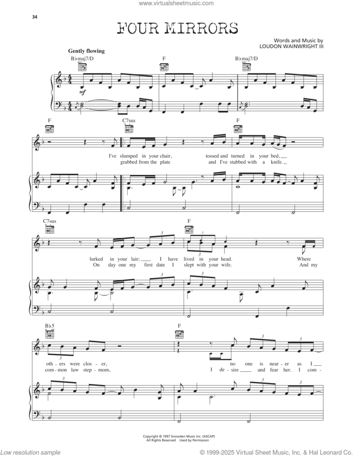Four Mirrors sheet music for voice, piano or guitar by Loudon Wainwright III, intermediate skill level