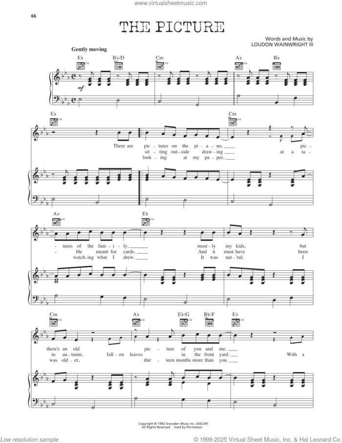The Picture sheet music for voice, piano or guitar by Loudon Wainwright III, intermediate skill level