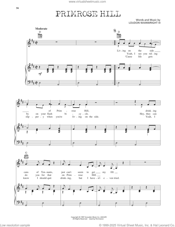 Primrose Hill sheet music for voice, piano or guitar by Loudon Wainwright III, intermediate skill level