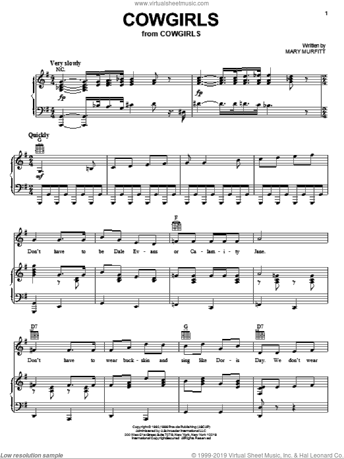 Cowgirls sheet music for voice, piano or guitar by Mary Murfitt, intermediate skill level