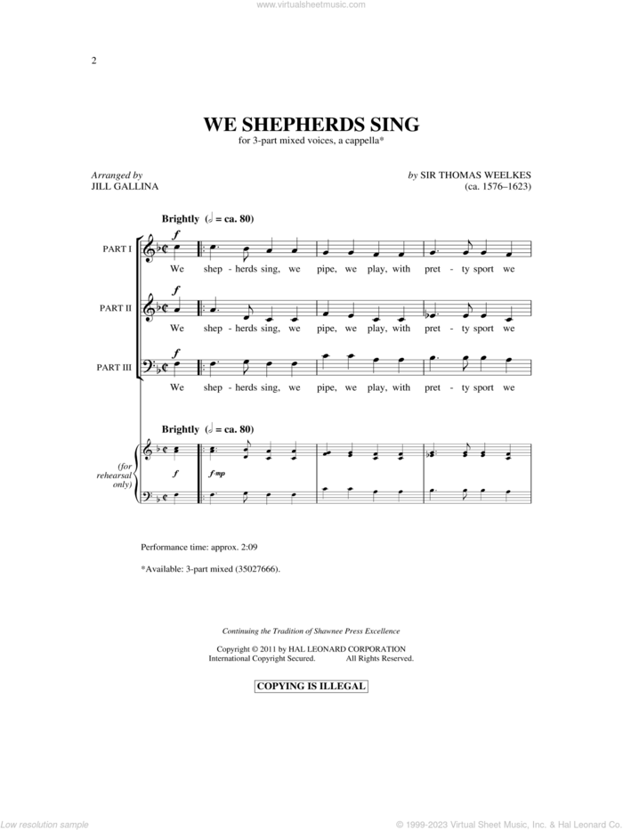 We Shepherds Sing sheet music for choir (3-Part Mixed) by Thomas Weelkes and Jill Gallina, intermediate skill level